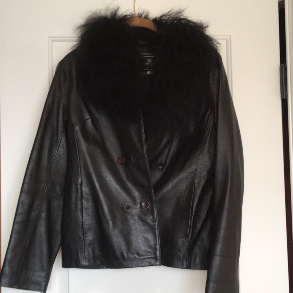 Short Black Leather jacket with fur trim
